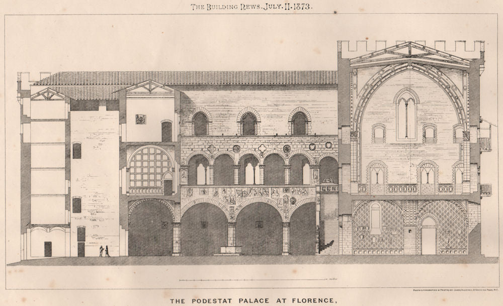 The Podestat Palace at Florence 1873 old antique vintage print picture